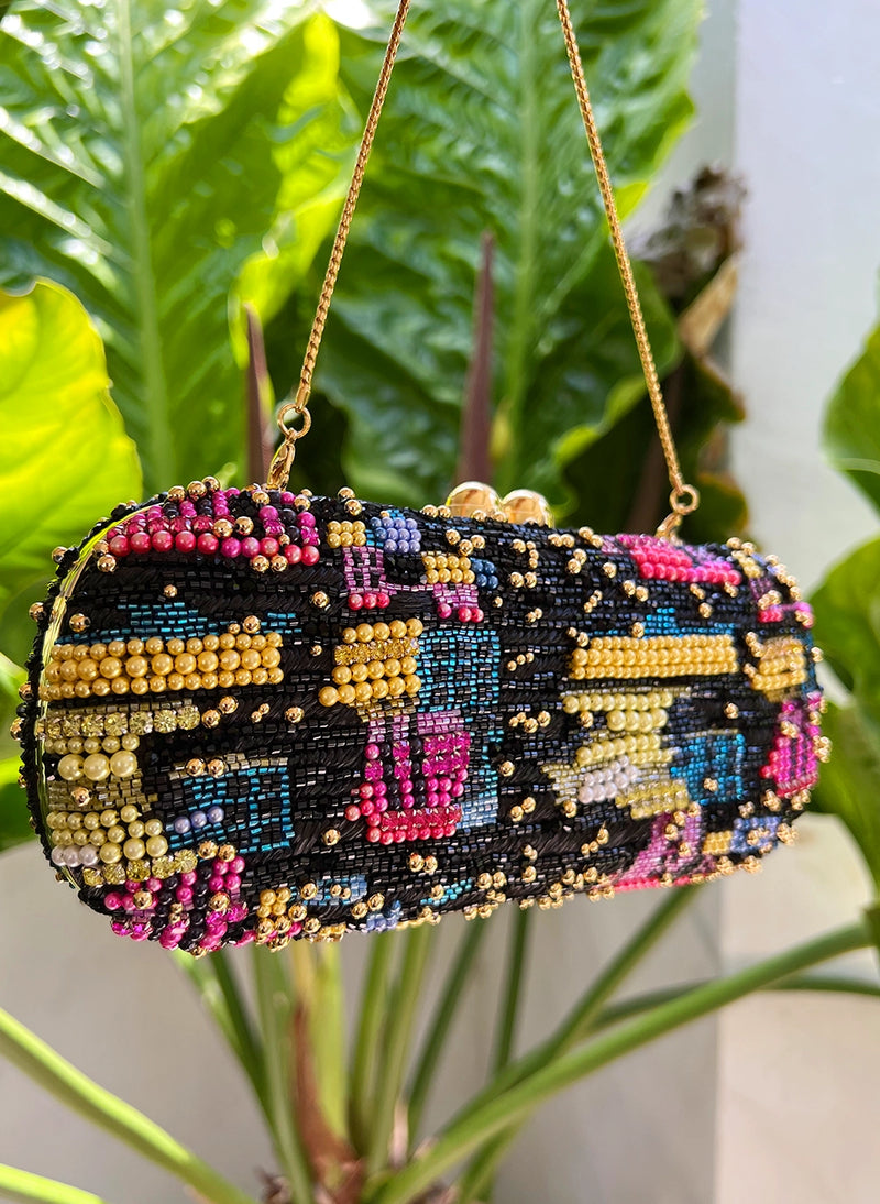 Embroidered Beaded Clutch - Black Multi
